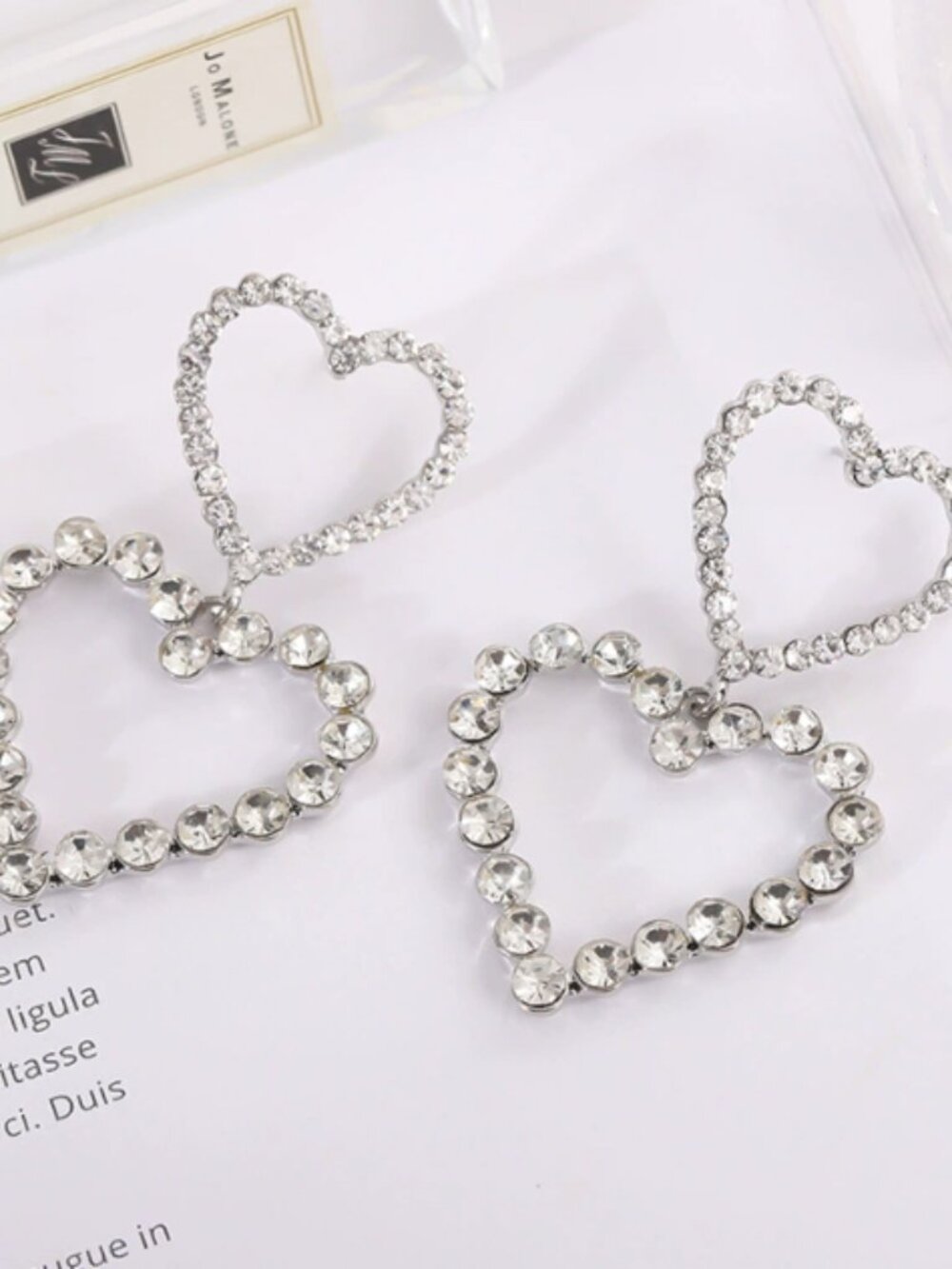 Silver Tone Double Heart Crystal Drop Earrings